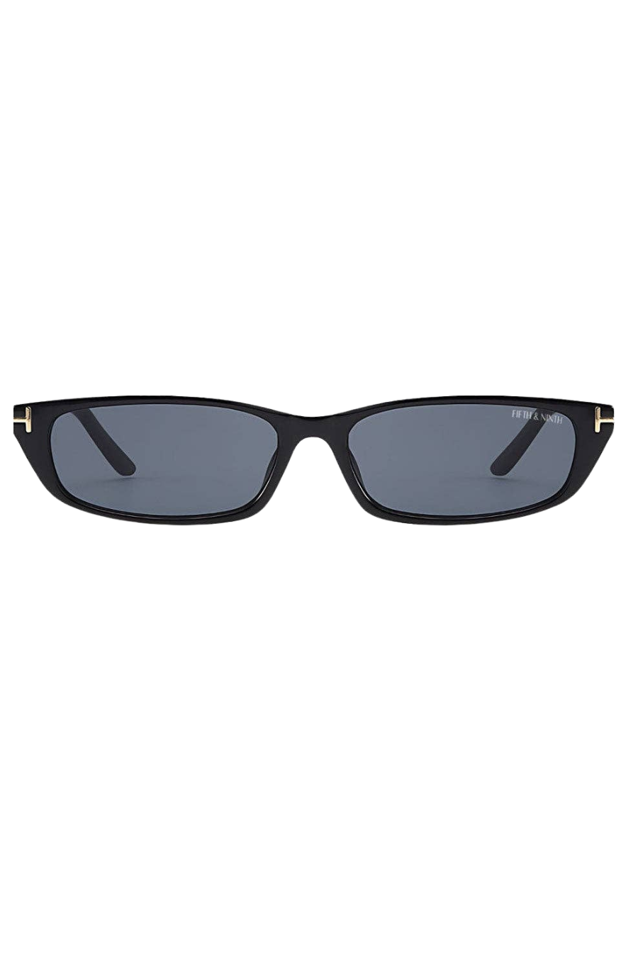 Black sunglasses with gold accents on a white background