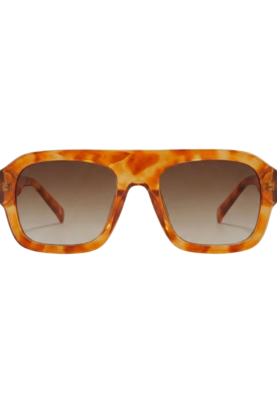 Sunglasses with tortoiseshell frame and brown gradient lenses on a white background
