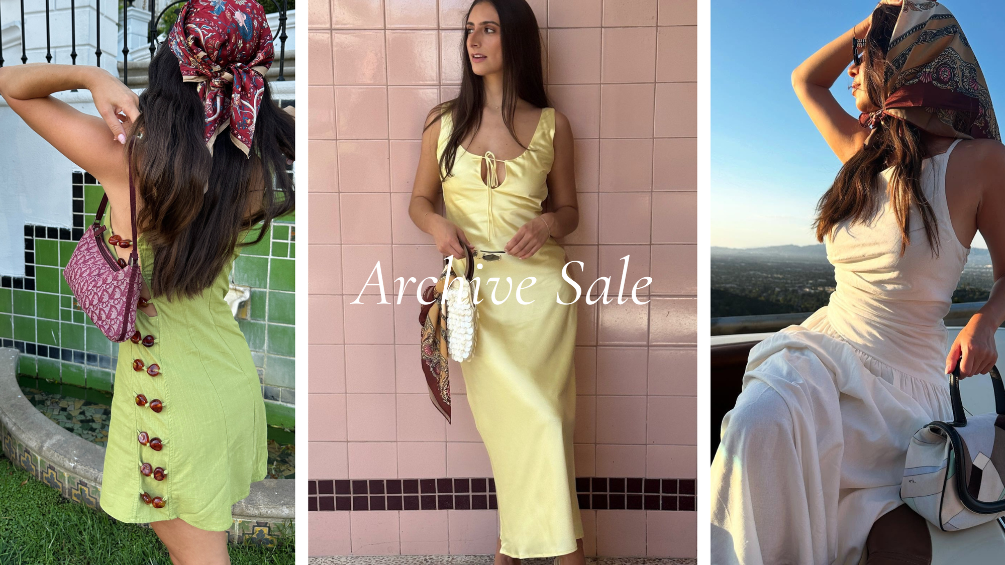 Three images of a woman in different dresses with 'Archive Sale' text overlay.